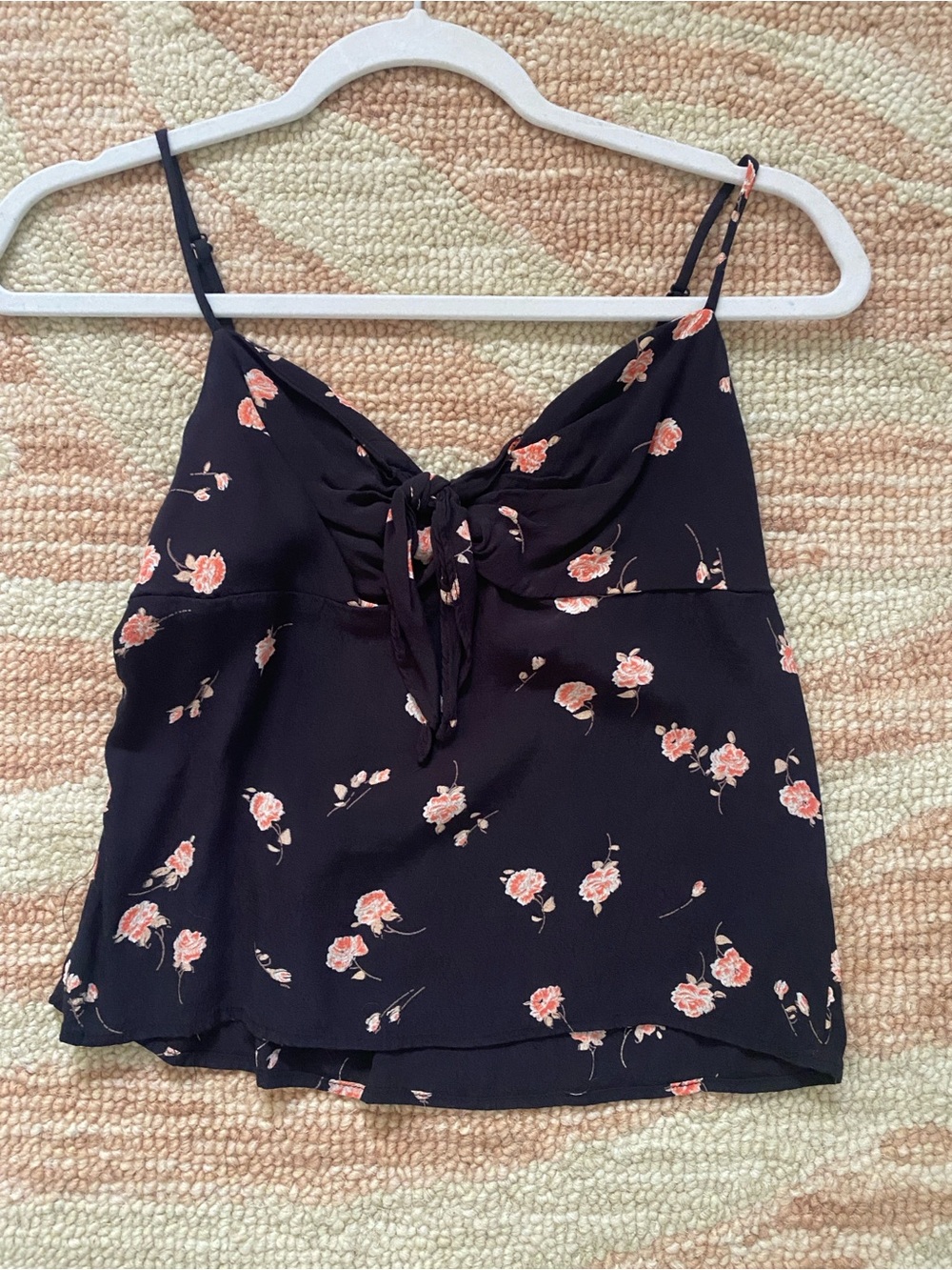 Floral Tie-Front Spaghetti Strap Cami - Black with Pink Flowers